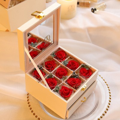 best gift choice multi-functional jewelry box  inside  with preserved rose head  evergreen real natural preserved roses