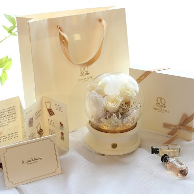 Bluetooth audio with 4-5cm  preserved rose everlasting roses in dome glass wedding decoration